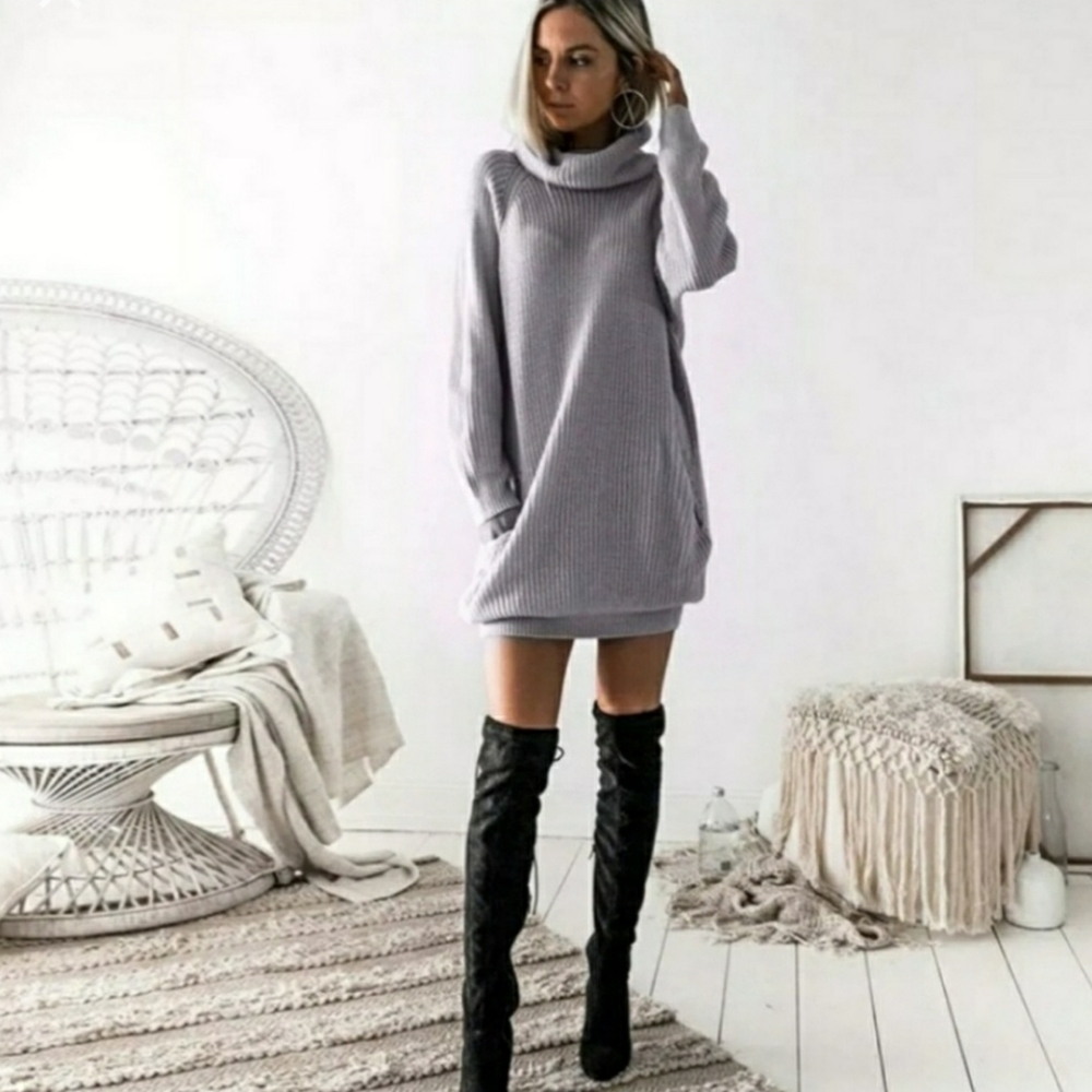 Gray Long Sleeve Turtleneck Knit Dress